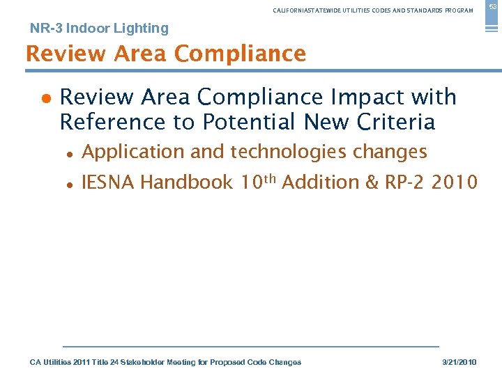 CALIFORNIASTATEWIDE UTILITIES CODES AND STANDARDS PROGRAM NR-3 Indoor Lighting Review Area Compliance ● Review