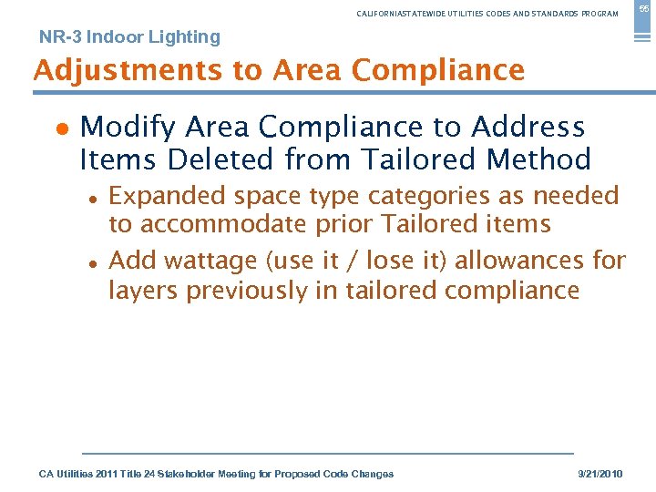 CALIFORNIASTATEWIDE UTILITIES CODES AND STANDARDS PROGRAM NR-3 Indoor Lighting Adjustments to Area Compliance ●