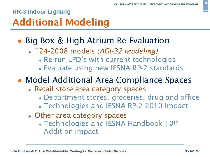 CALIFORNIASTATEWIDE UTILITIES CODES AND STANDARDS PROGRAM NR-3 Indoor Lighting Additional Modeling ● Big Box