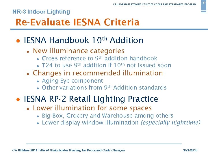 CALIFORNIASTATEWIDE UTILITIES CODES AND STANDARDS PROGRAM NR-3 Indoor Lighting Re-Evaluate IESNA Criteria ● IESNA