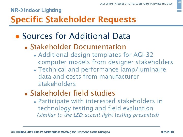 CALIFORNIASTATEWIDE UTILITIES CODES AND STANDARDS PROGRAM NR-3 Indoor Lighting Specific Stakeholder Requests ● Sources