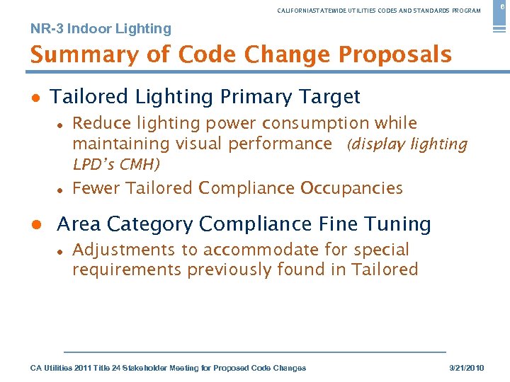 CALIFORNIASTATEWIDE UTILITIES CODES AND STANDARDS PROGRAM NR-3 Indoor Lighting Summary of Code Change Proposals