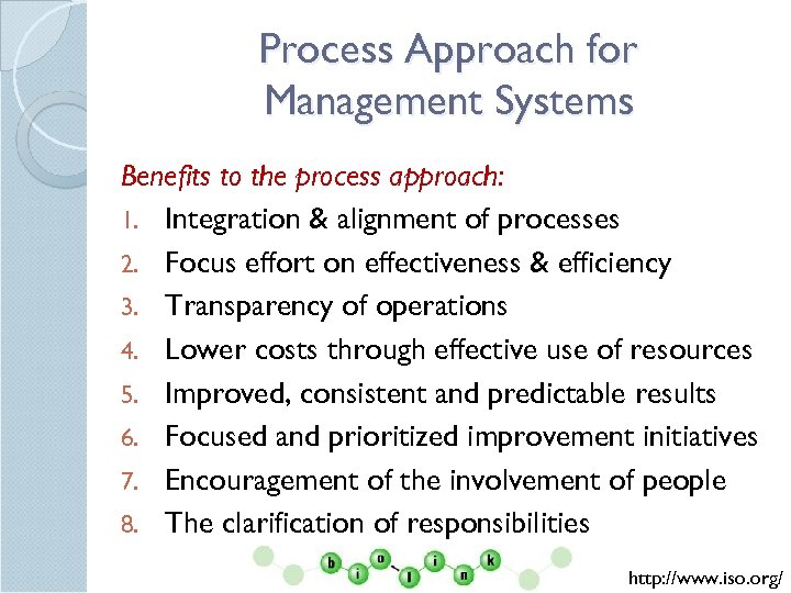 Process Approach for Management Systems Benefits to the process approach: 1. Integration & alignment