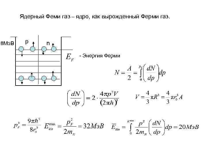 Ядерный Феми газ – ядро, как вырожденный Ферми газ. 8 Мэ. В p n