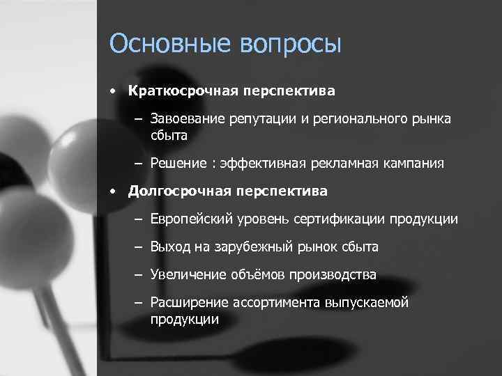 Основные вопросы • Краткосрочная перспектива – Завоевание репутации и регионального рынка сбыта – Решение