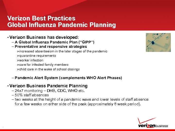 Verizon Best Practices Global Influenza Pandemic Planning • Verizon Business has developed: – A