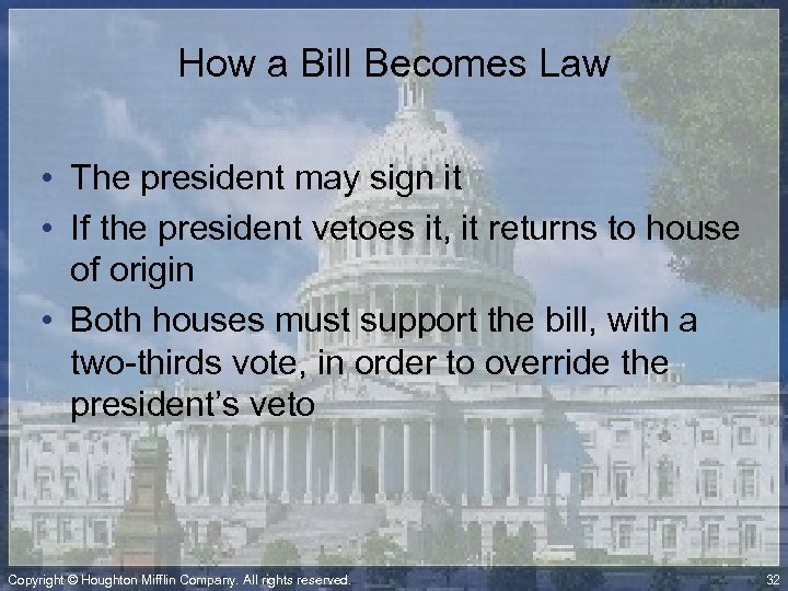 How a Bill Becomes Law • The president may sign it • If the