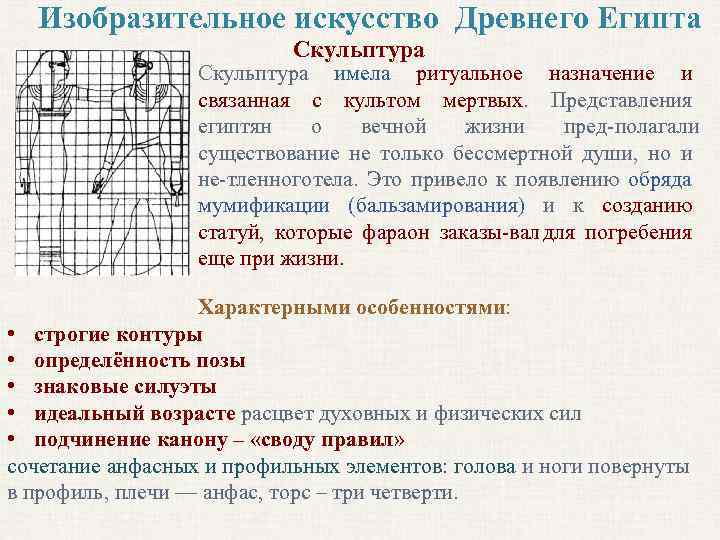 Изобразительное искусство Древнего Египта Скульптура имела ритуальное назначение и связанная с культом мертвых. Представления