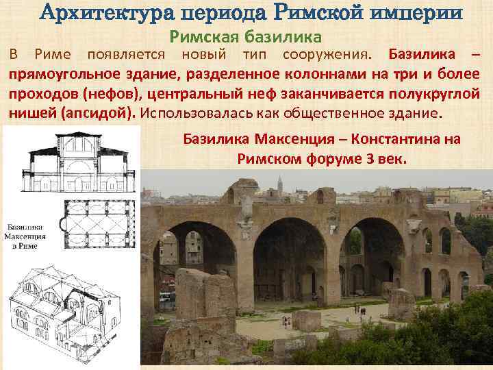 Архитектура периода Римской империи Римская базилика В Риме появляется новый тип сооружения. Базилика –