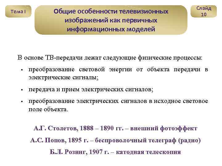 Тема I Общие особенности телевизионных изображений как первичных информационных моделей Слайд 10 В основе