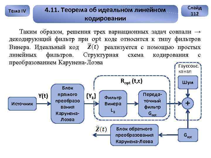 Тема IV 4. 11. Теорема об идеальном линейном кодировании Слайд 112 Таким образом, решения