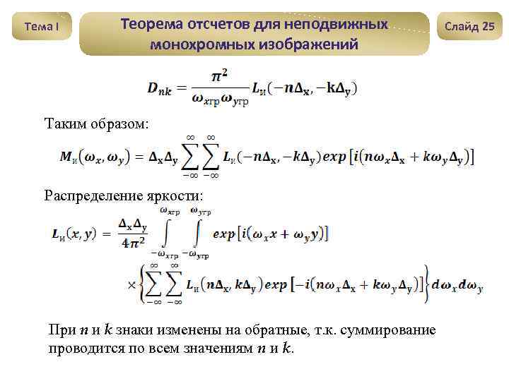 Тема I Теорема отсчетов для неподвижных монохромных изображений Таким образом: Распределение яркости: При n