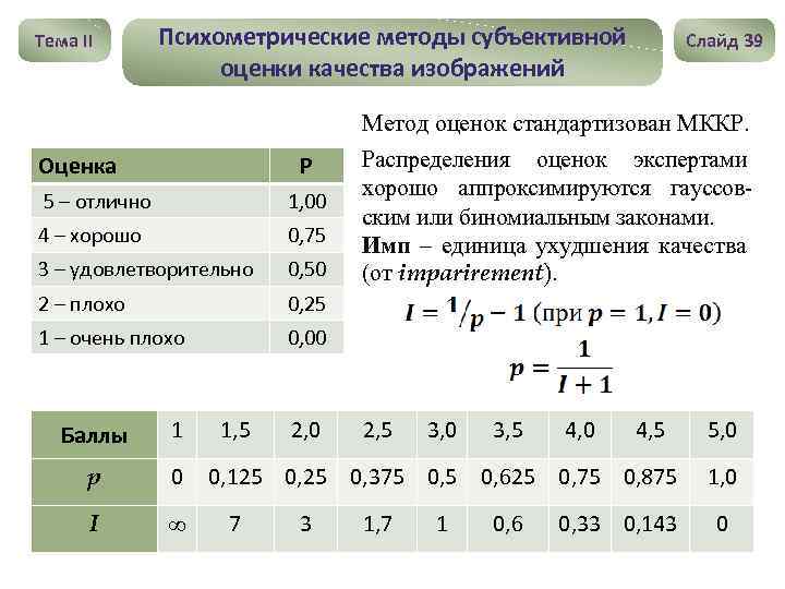 Тема II Психометрические методы субъективной оценки качества изображений Оценка Р 5 – отлично 1,