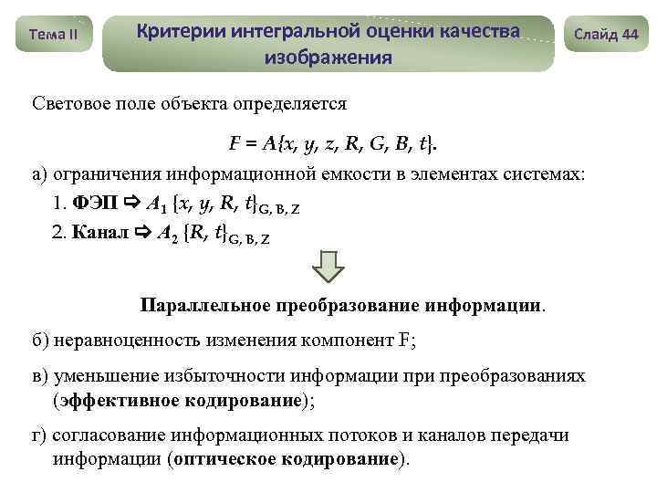 Тема II Критерии интегральной оценки качества изображения Слайд 44 Световое поле объекта определяется F