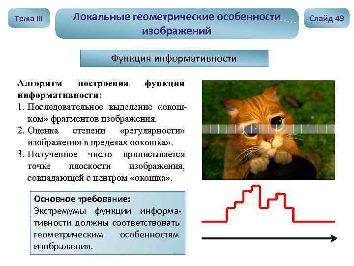 Тема III Локальные геометрические особенности изображений Функция информативности Алгоритм построения функции информативности: 1. Последовательное