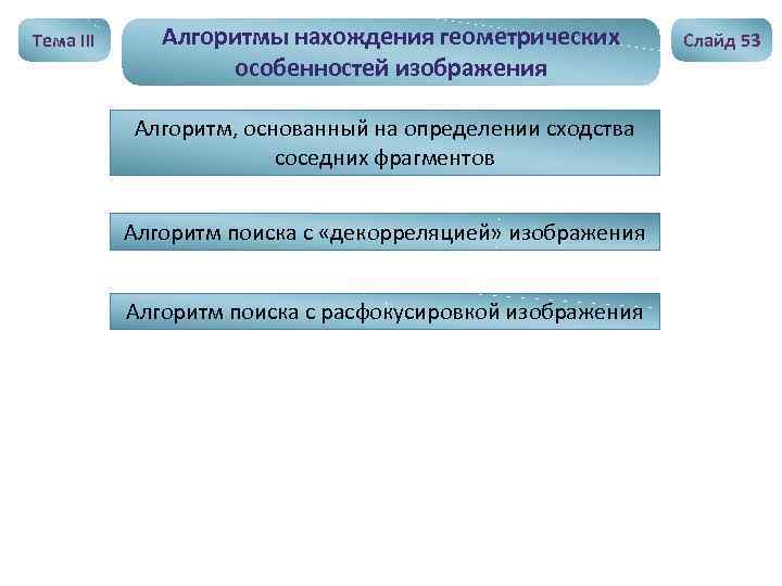 Тема III Алгоритмы нахождения геометрических особенностей изображения Алгоритм, основанный на определении сходства соседних фрагментов