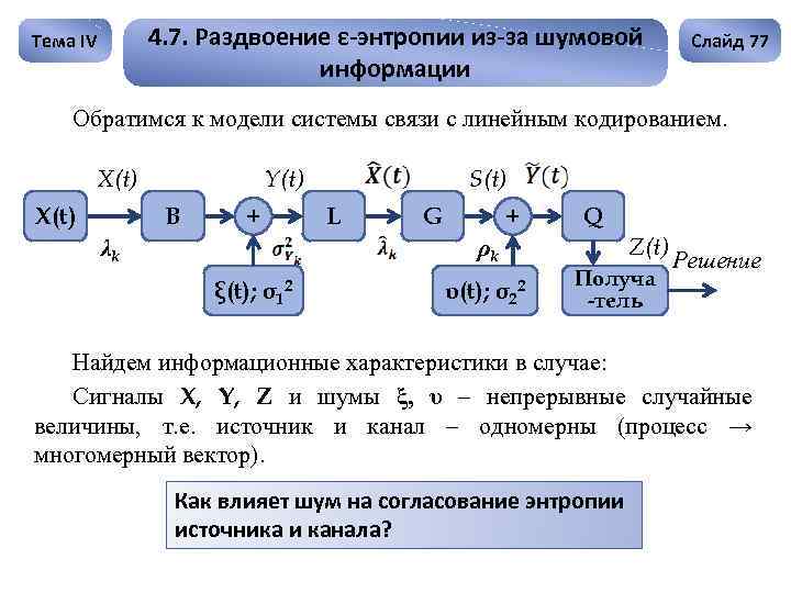 4. 7. Раздвоение ε-энтропии из-за шумовой информации Тема IV Слайд 77 Обратимся к модели