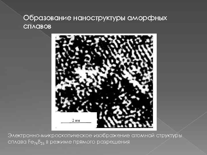 Образование наноструктуры аморфных сплавов Электронно-микроскопическое изображение атомной структуры сплава Fe 74 B 26 в