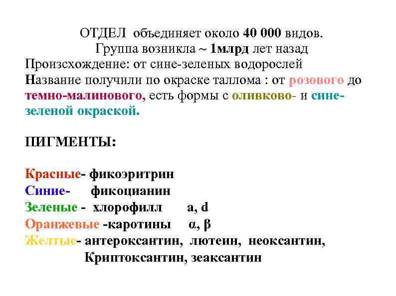 ОТДЕЛ объединяет около 40 000 видов. Группа возникла ~ 1 млрд лет назад Произсхождение: