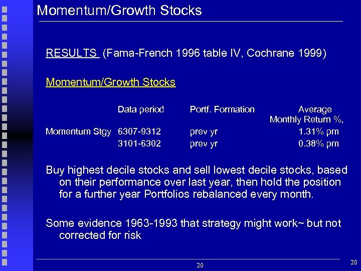 Momentum/Growth Stocks RESULTS (Fama-French 1996 table IV, Cochrane 1999) Momentum/Growth Stocks Data period Momentum