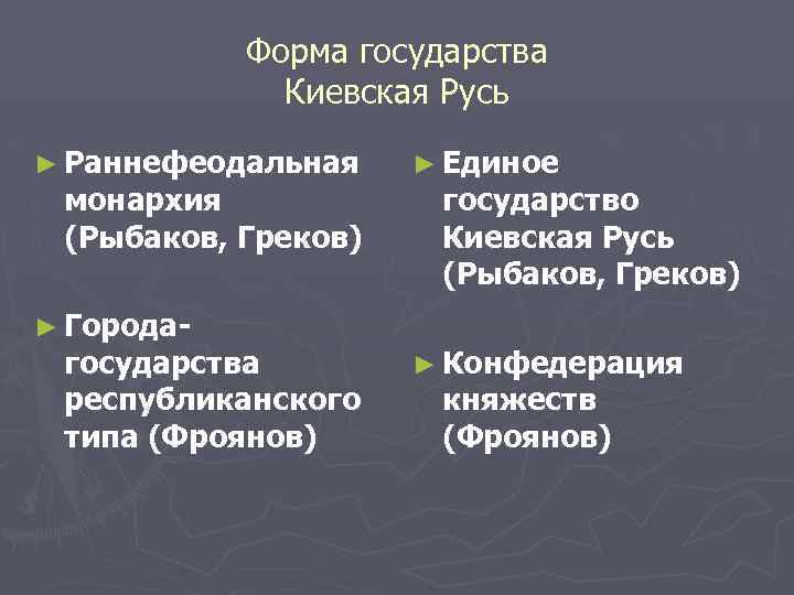 Форма государства Киевская Русь ► Раннефеодальная монархия (Рыбаков, Греков) ► Города- государства республиканского типа