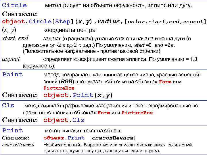 Circle Синтаксис: метод рисует на объекте окружность, эллипс или дугу. object. Circle[Step](x, y), radius,