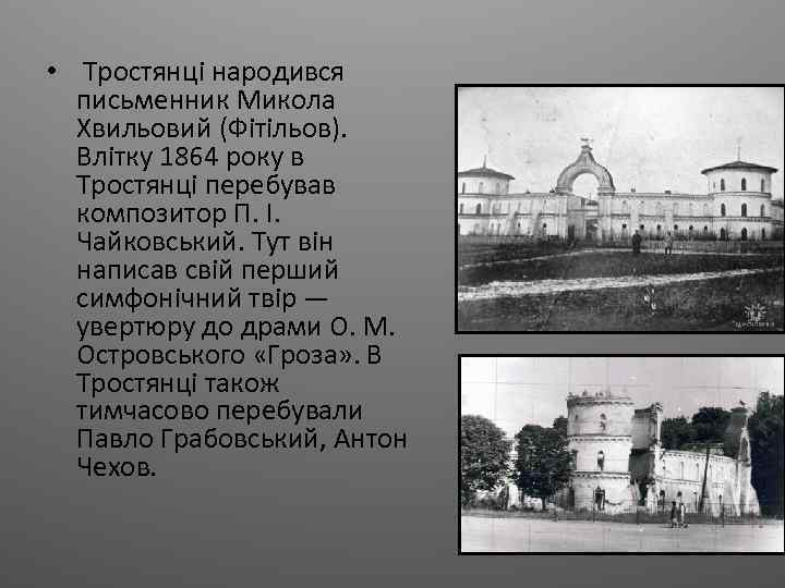  • Тростянці народився письменник Микола Хвильовий (Фітільов). Влітку 1864 року в Тростянці перебував