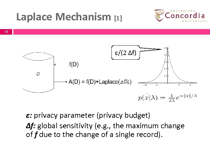 Laplace Mechanism [1] 13 ε/(2 Δf) ε: privacy parameter (privacy budget) Δf: global sensitivity