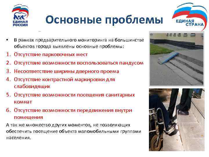 Основные проблемы • В рамках предварительного мониторинга на большинстве объектов города выявлены основные проблемы: