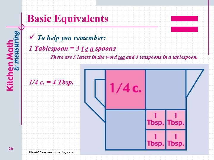 Basic Equivalents ü To help you remember: 1 Tablespoon = 3 t e a