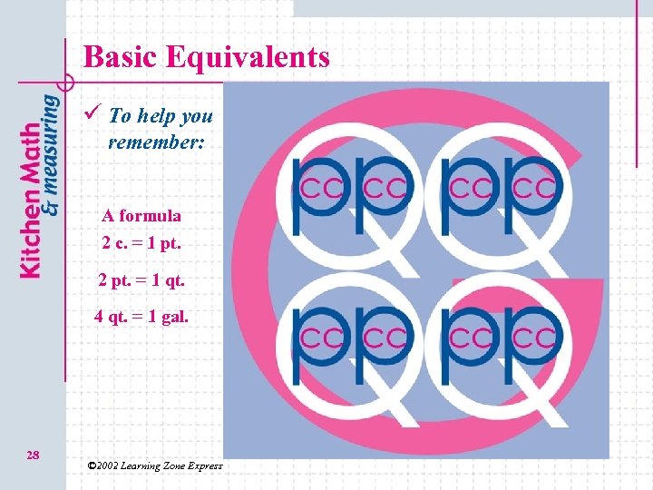 Basic Equivalents ü To help you remember: A formula 2 c. = 1 pt.