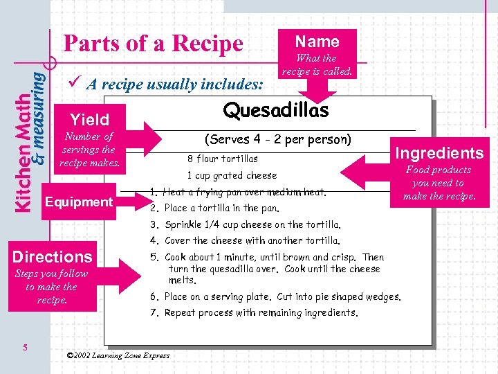 Parts of a Recipe Name What the recipe is called. ü A recipe usually