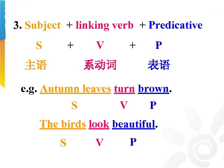 3. Subject + linking verb + Predicative S + 主语 V + 系动词 P