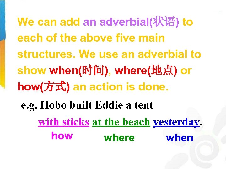 We can add an adverbial(状语) to each of the above five main structures. We