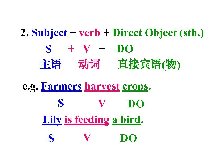 2. Subject + verb + Direct Object (sth. ) S + V + DO