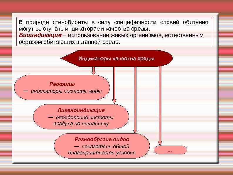 В природе стенобионты в силу специфичности словий обитания могут выступать индикаторами качества среды. Биоиндикация