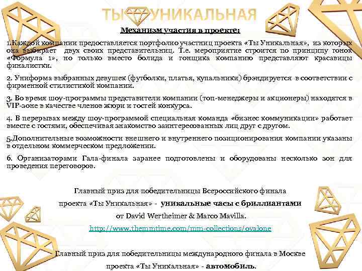 Механизм участия в проекте: 1. Каждой компании предоставляется портфолио участниц проекта «Ты Уникальная» ,
