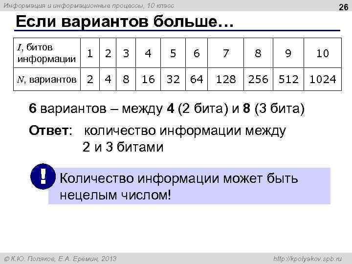 Информация и информационные процессы, 10 класс 26 Если вариантов больше… I, битов информации 1