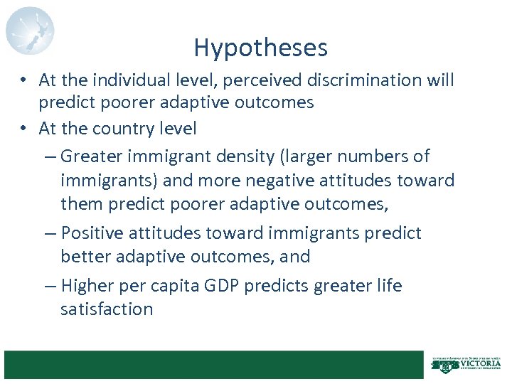 Hypotheses • At the individual level, perceived discrimination will predict poorer adaptive outcomes •