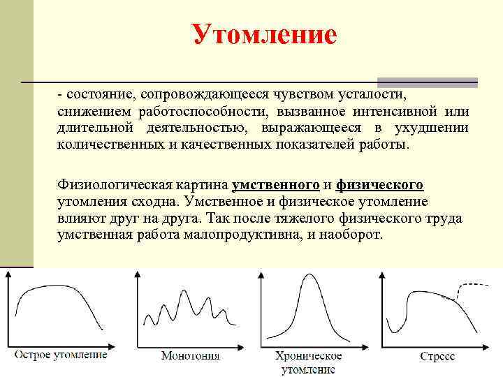 Утомление - состояние, сопровождающееся чувством усталости, снижением работоспособности, вызванное интенсивной или длительной деятельностью, выражающееся