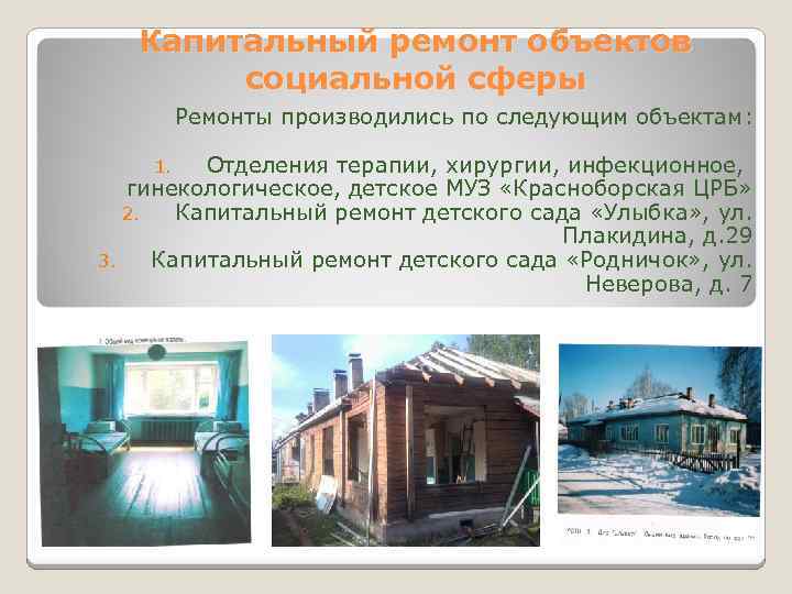 Капитальный ремонт объектов социальной сферы Ремонты производились по следующим объектам: Отделения терапии, хирургии, инфекционное,