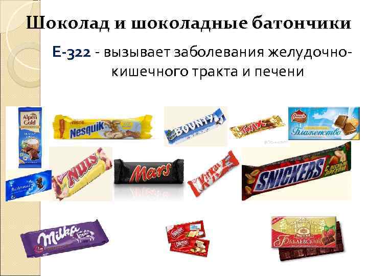  Шоколад и шоколадные батончики Е-322 - вызывает заболевания желудочнокишечного тракта и печени 