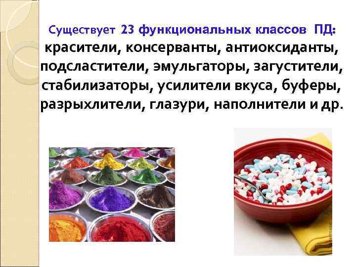  Существует 23 функциональных классов ПД: красители, консерванты, антиоксиданты, подсластители, эмульгаторы, загустители, стабилизаторы, усилители
