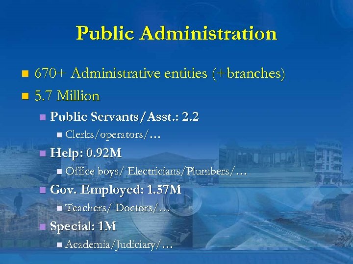 Public Administration 670+ Administrative entities (+branches) n 5. 7 Million n n Public Servants/Asst.
