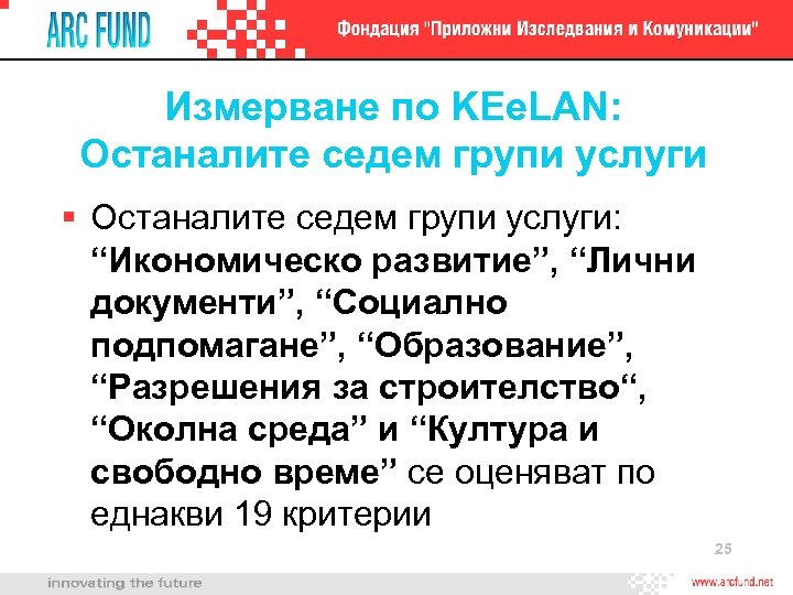 Измерване по KEe. LAN: Останалите седем групи услуги: “Икономическо развитие”, “Лични документи”, “Социално подпомагане”,