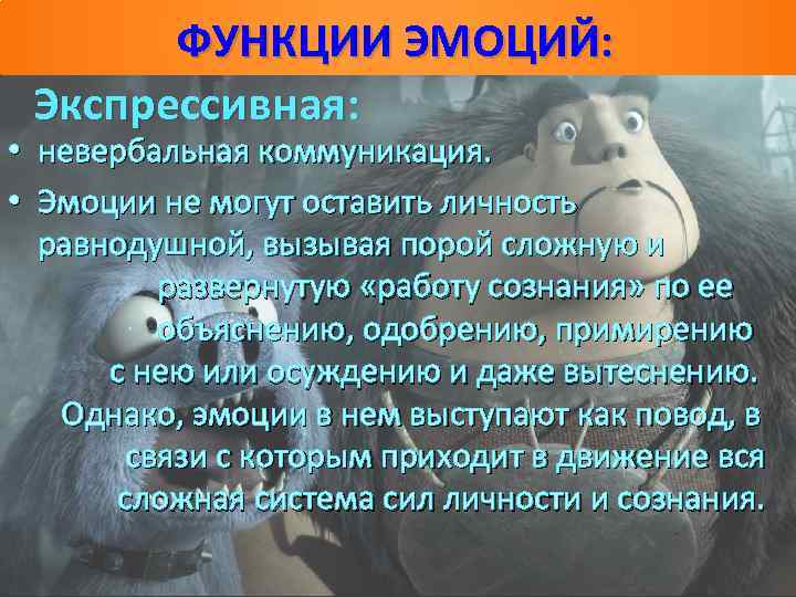 ФУНКЦИИ ЭМОЦИЙ: Экспрессивная: • невербальная коммуникация. • Эмоции не могут оставить личность равнодушной, вызывая