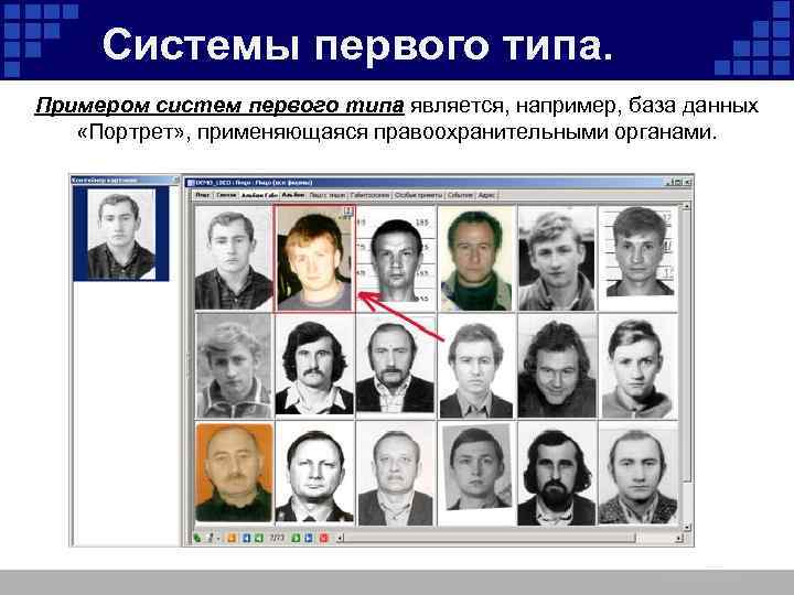 Системы первого типа. Примером систем первого типа является, например, база данных «Портрет» , применяющаяся