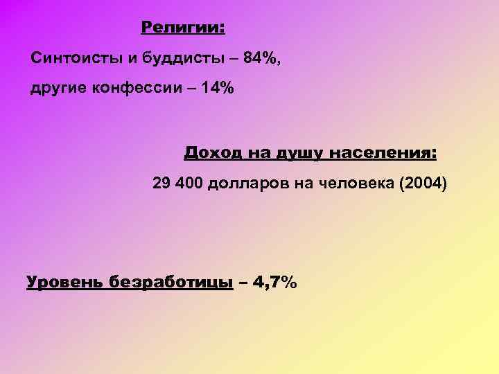 Религии: Синтоисты и буддисты – 84%, другие конфессии – 14% Доход на душу населения: