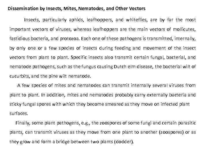 Dissemination by Insects, Mites, Nematodes, and Other Vectors Insects, particularly aphids, leafhoppers, and whiteflies,