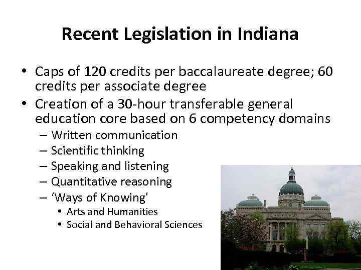 Recent Legislation in Indiana • Caps of 120 credits per baccalaureate degree; 60 credits